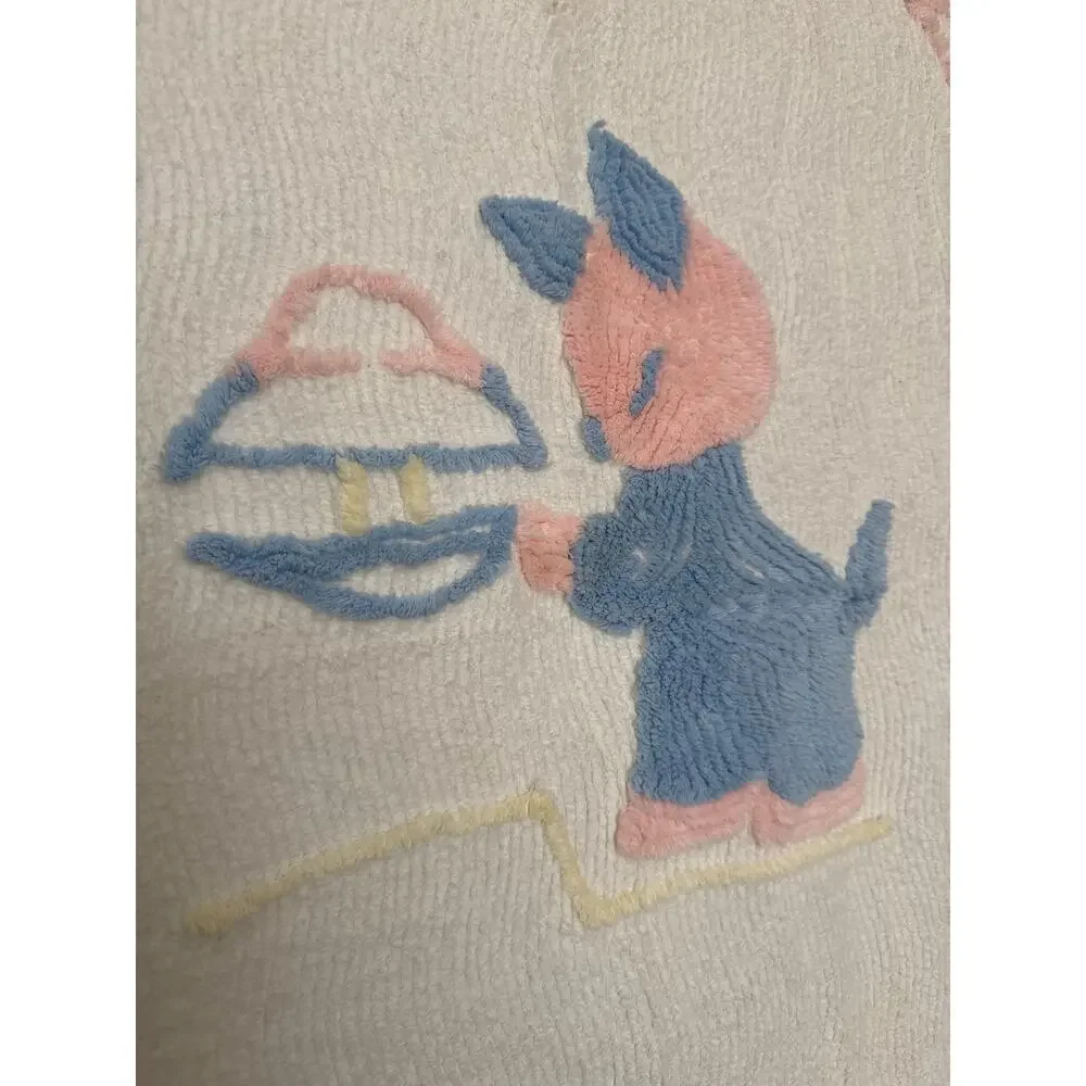 Vintage 1940s–1950s Baby Chenille Crib Blanket 40x61 Blue Pink Kitten Nursery